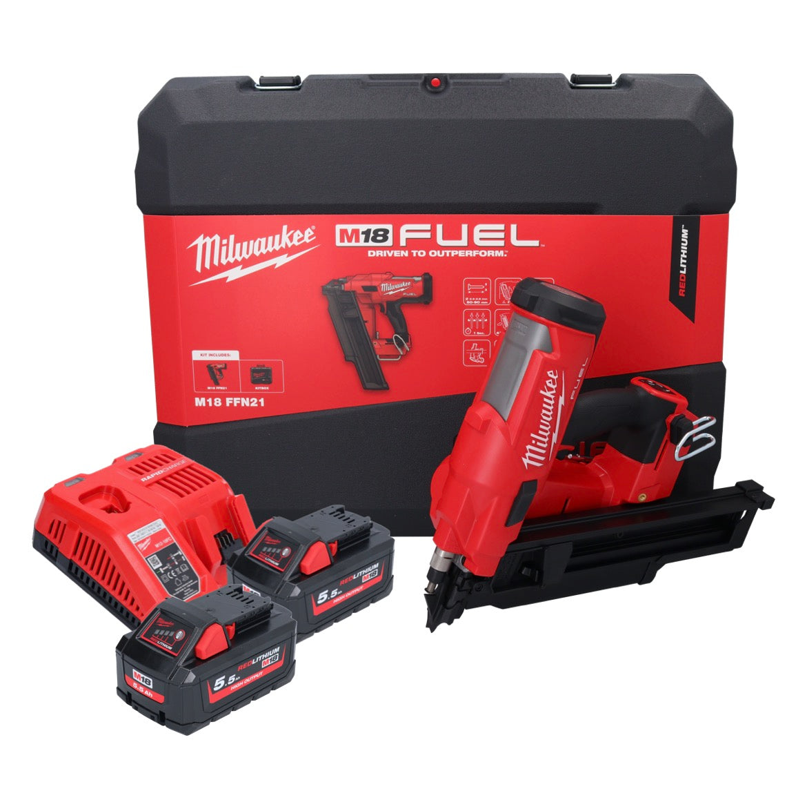 Milwaukee M18 FFN21-552C Akku Nagler 18 V 50 - 90 mm Brushless + 2x Akku 5,5 Ah + Ladegerät + Koffer