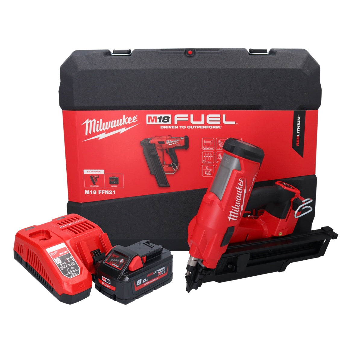 Cloueur à batterie Milwaukee M18 FFN21-801C 18 V 50 - 90 mm sans balais + 1x batterie 8,0 Ah + chargeur + coffret