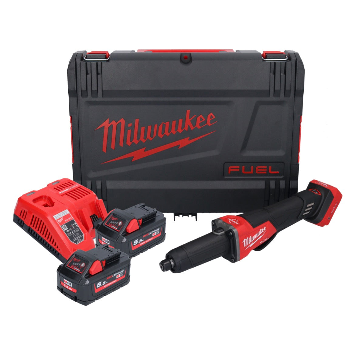 Milwaukee M18 FDGROVPDB-552X Akku Geradschleifer 18 V Brushless + 2x Akku 5,5 Ah + Ladegerät + HD Box