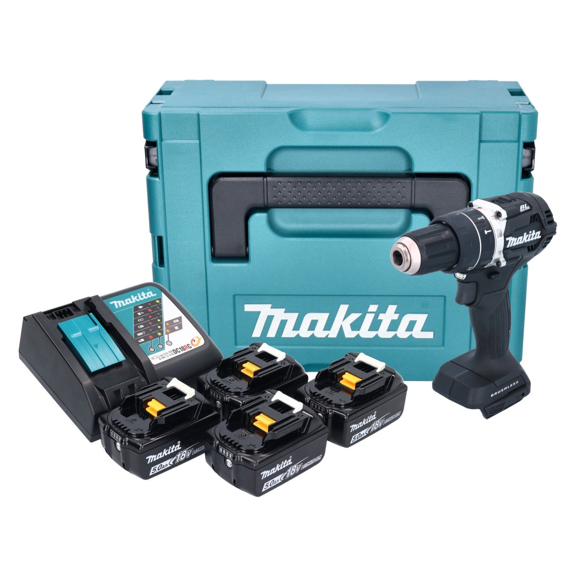 Makita DHP 484 T4JB Akku Schlagbohrschrauber 18 V 54 Nm Brushless schwarz + 4x Akku 5,0 Ah + Ladegerät + Makpac