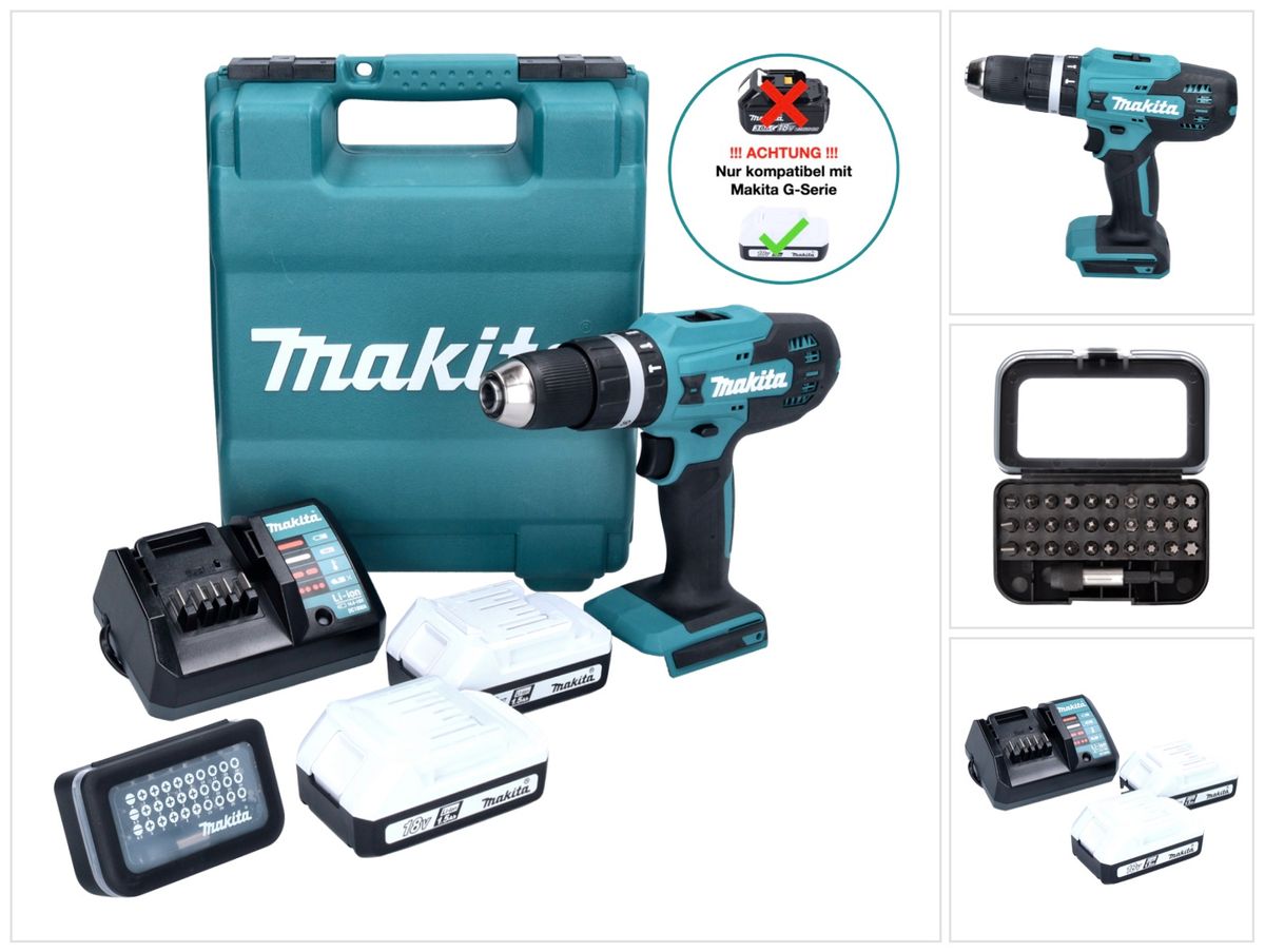 Makita HP 488 D011 Akku Schlagbohrschrauber 18 V 42 Nm G-Serie + 2x Akku 1,5 Ah + Ladegerät + 31 tlg. Bit Set + Koffer