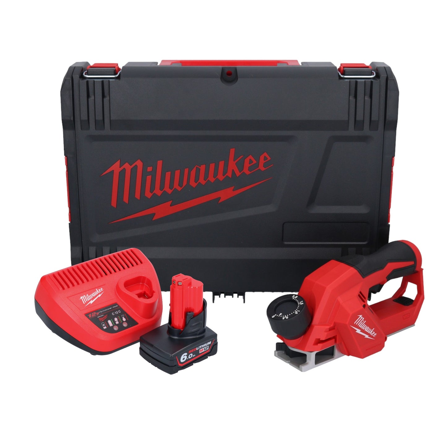 Milwaukee M12 BLP-601X Akku Hobel 12 V 51 mm Brushless + 1x Akku 6,0 Ah + Ladegerät + HD Box