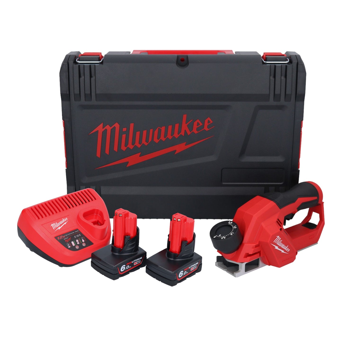 Milwaukee M12 BLP-602X Akku Hobel 12 V 51 mm Brushless + 2x Akku 6,0 Ah + Ladegerät + HD Box