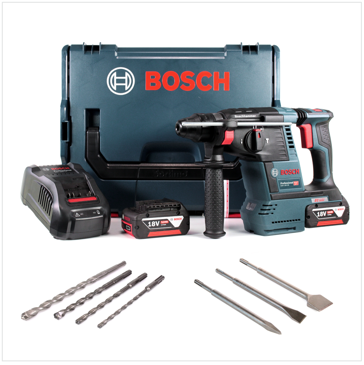 Bosch GBH 18V-26 Akku Bohrhammer Professional SDS-Plus + 2x Akku 5Ah + Ladegerät + Bohrer und Meißel Set + L-Boxx - Toolbrothers