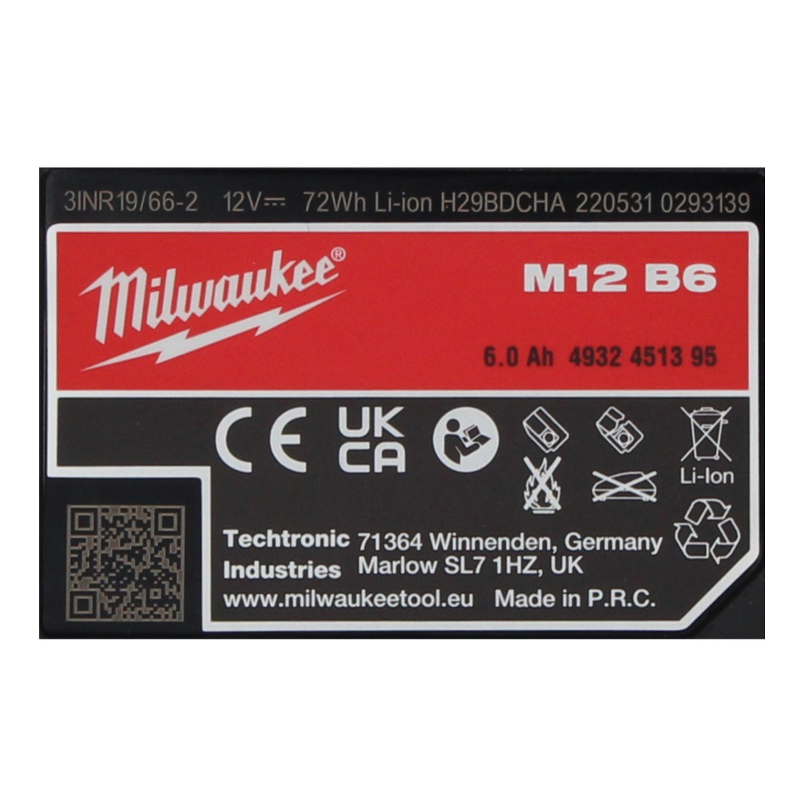 Milwaukee M12 B6 12 V 6,0 Ah / 6000 mAh Li-Ion Einschub Akku ( 4932451395 ) - Toolbrothers