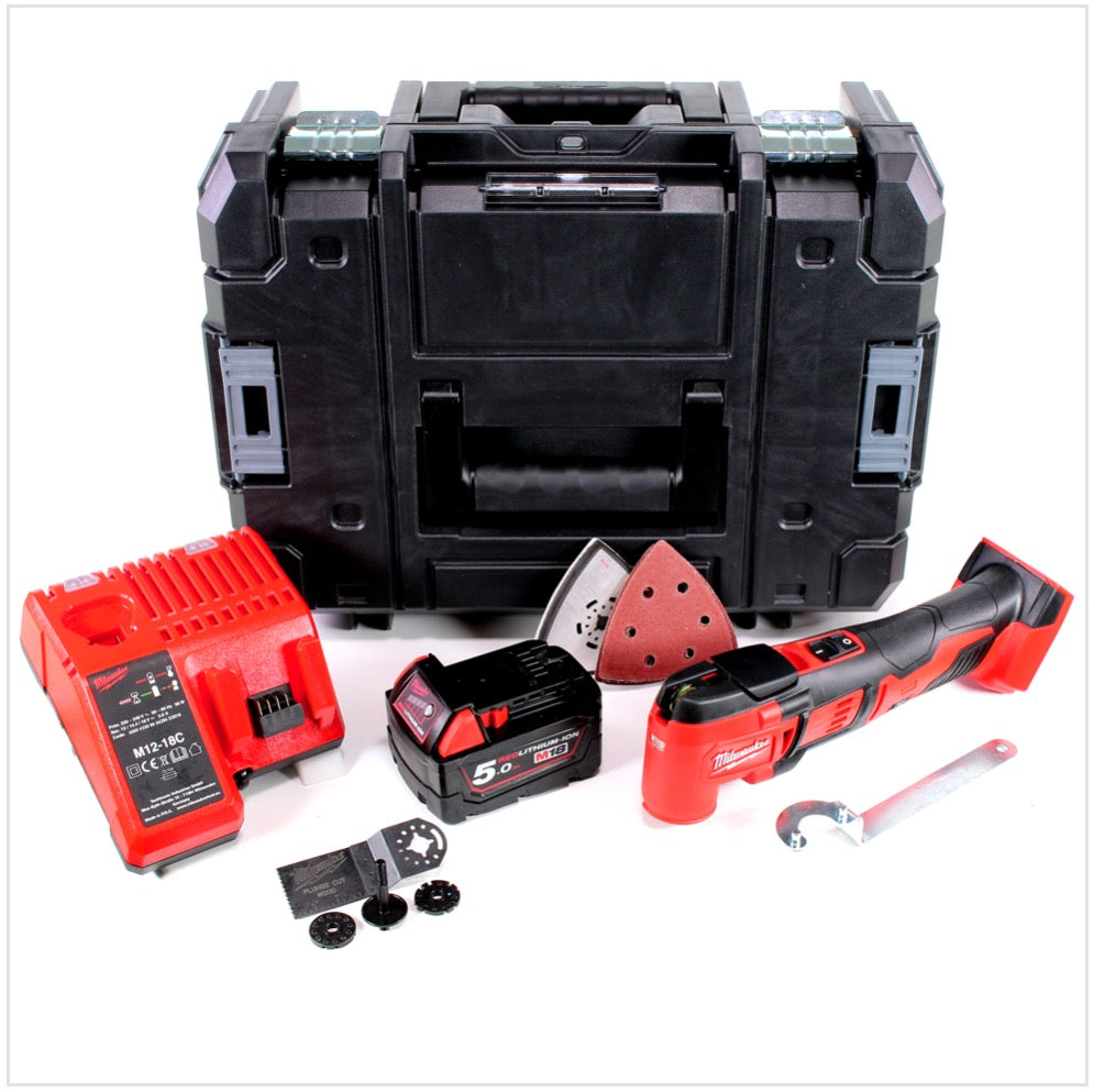 Milwaukee M18 BMT - 501 18 V Akku Multi Funktion Werkzeug in Stanley Box + M18 B5 5,0 Ah Akku + M12-18C Ladegerät - Toolbrothers