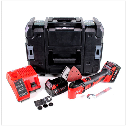 Milwaukee M18 BMT - 502 18 V Akku Multi Funktion Werkzeug in Stanley Box + 2x M18 B5 5,0 Ah Akku + M12-18C Ladegerät - Toolbrothers