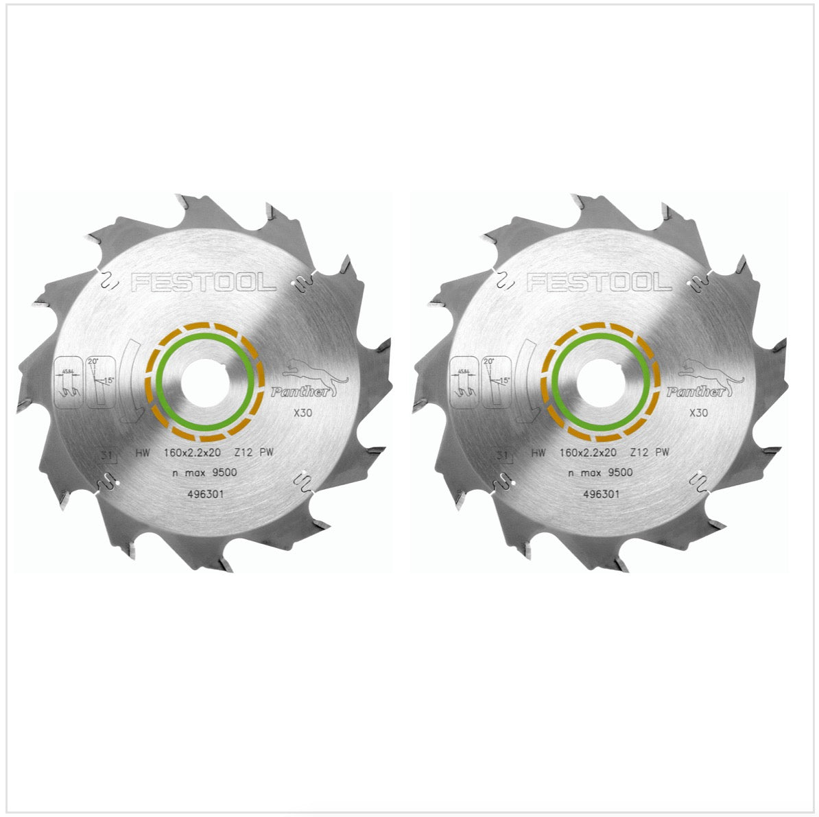 Festool 2x Panther Kreissägeblatt HW 160 x 2,2 x 20 mm PW12 160 mm 12 Zähne ( 2x 496301 ) - Toolbrothers