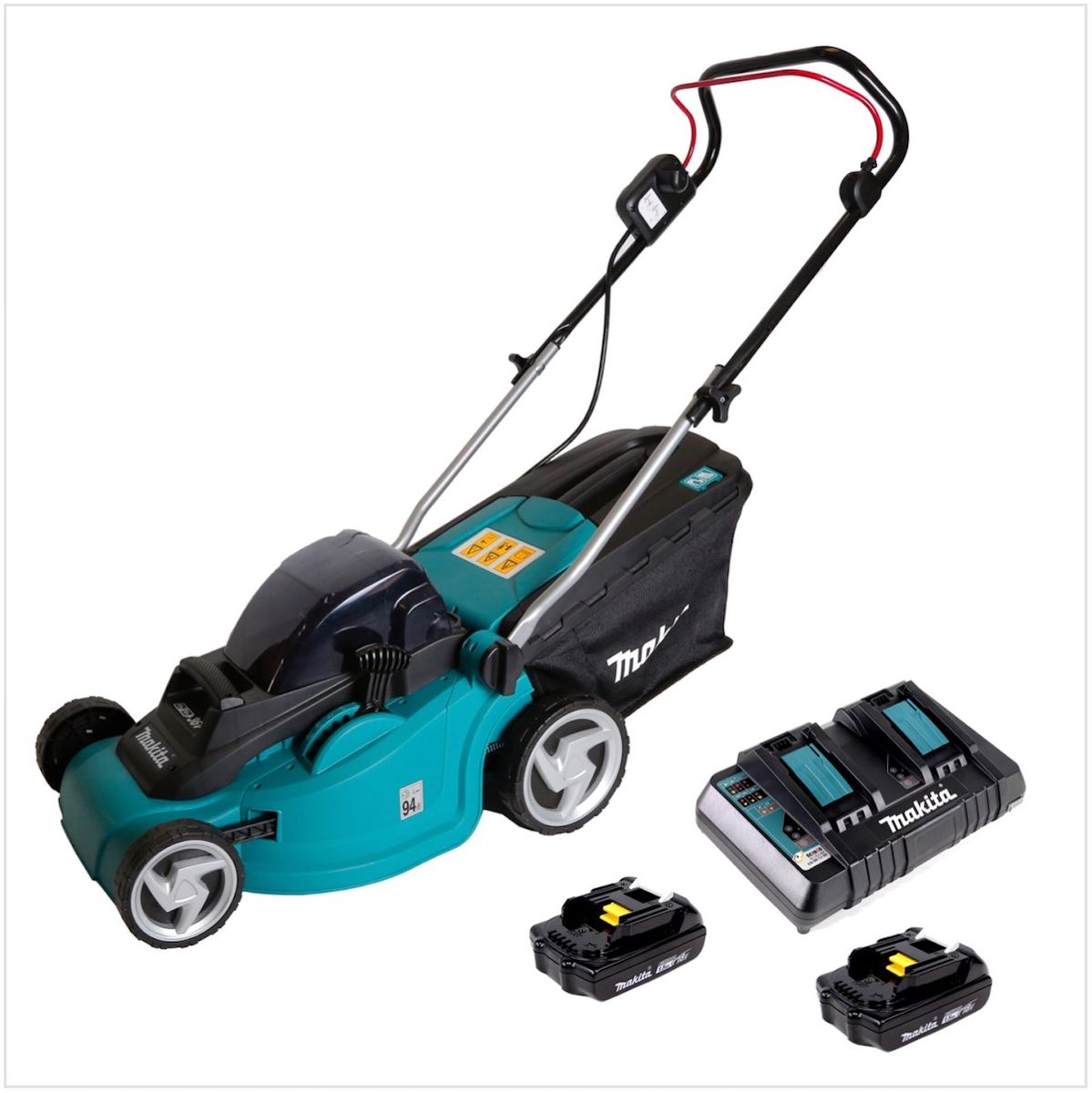 Makita DLM 380 PY2 Akku Rasenmäher 36V ( 2x18V ) 38cm + 2x Akku 1,5Ah + Doppelladegerät - Toolbrothers