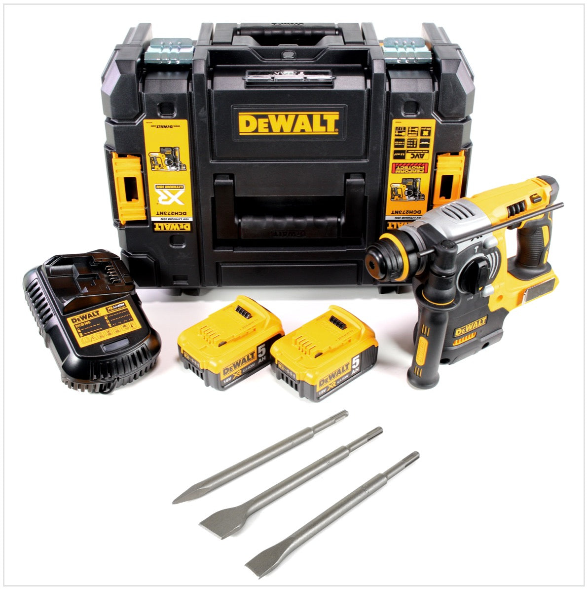 DeWalt DCH 273 P2 Akku Kombihammer 18V 2,1J SDS plus Brushless + 2x Akku 5,0Ah + Ladegerät + 3x Meißel + TSTAK - Toolbrothers