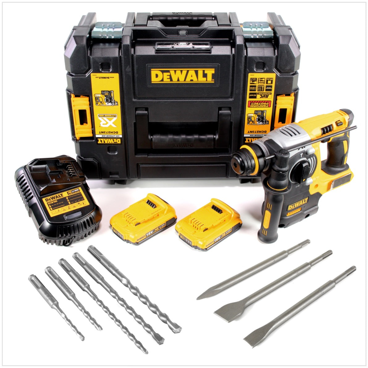 DeWalt DCH 273 D2 Akku Kombihammer 18V 2,1J SDS-Plus Brushless + 2x Akku 2,0Ah + Ladegerät + TSTAK + 5x Bohrer + 3x Meißel - Toolbrothers