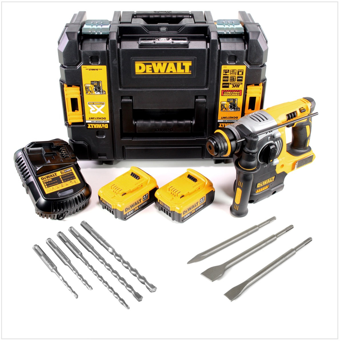 DeWalt DCH 273 M2 Akku Kombihammer 18V 2,1J SDS-Plus Brushless + 2x Akku 4,0Ah + Ladegerät + TSTAK + 5x Bohrer + 3x Meißel - Toolbrothers