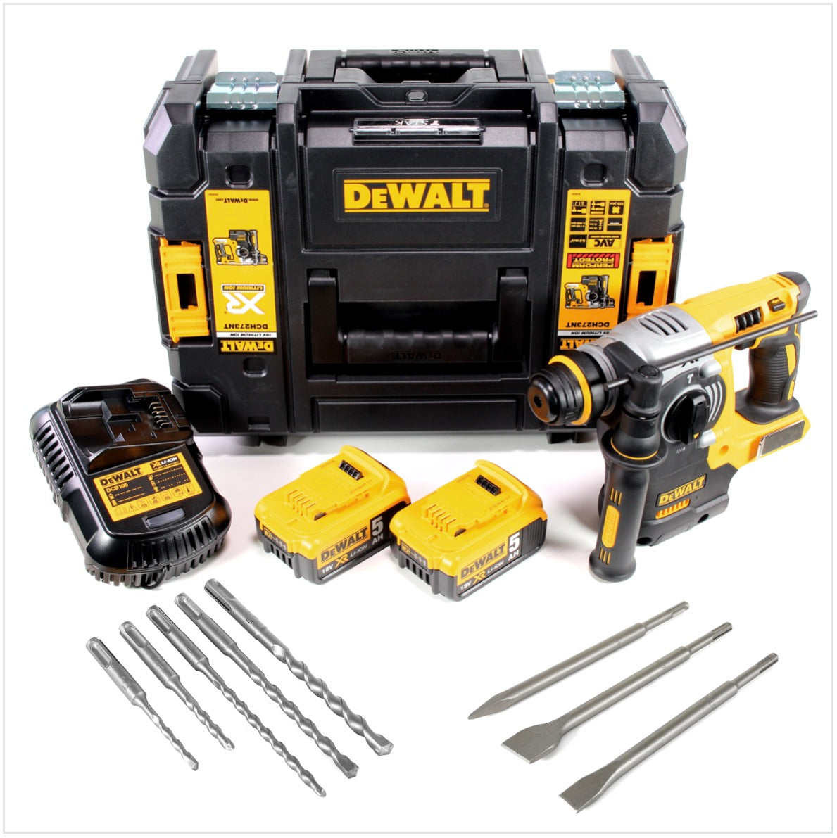 DeWalt DCH 273 P2 Akku Kombihammer 18V 2,1J SDS-Plus Brushless + 2x Akku 5,0Ah + Ladegerät + 3x Meißel + 5x Bohrer + TSTAK - Toolbrothers