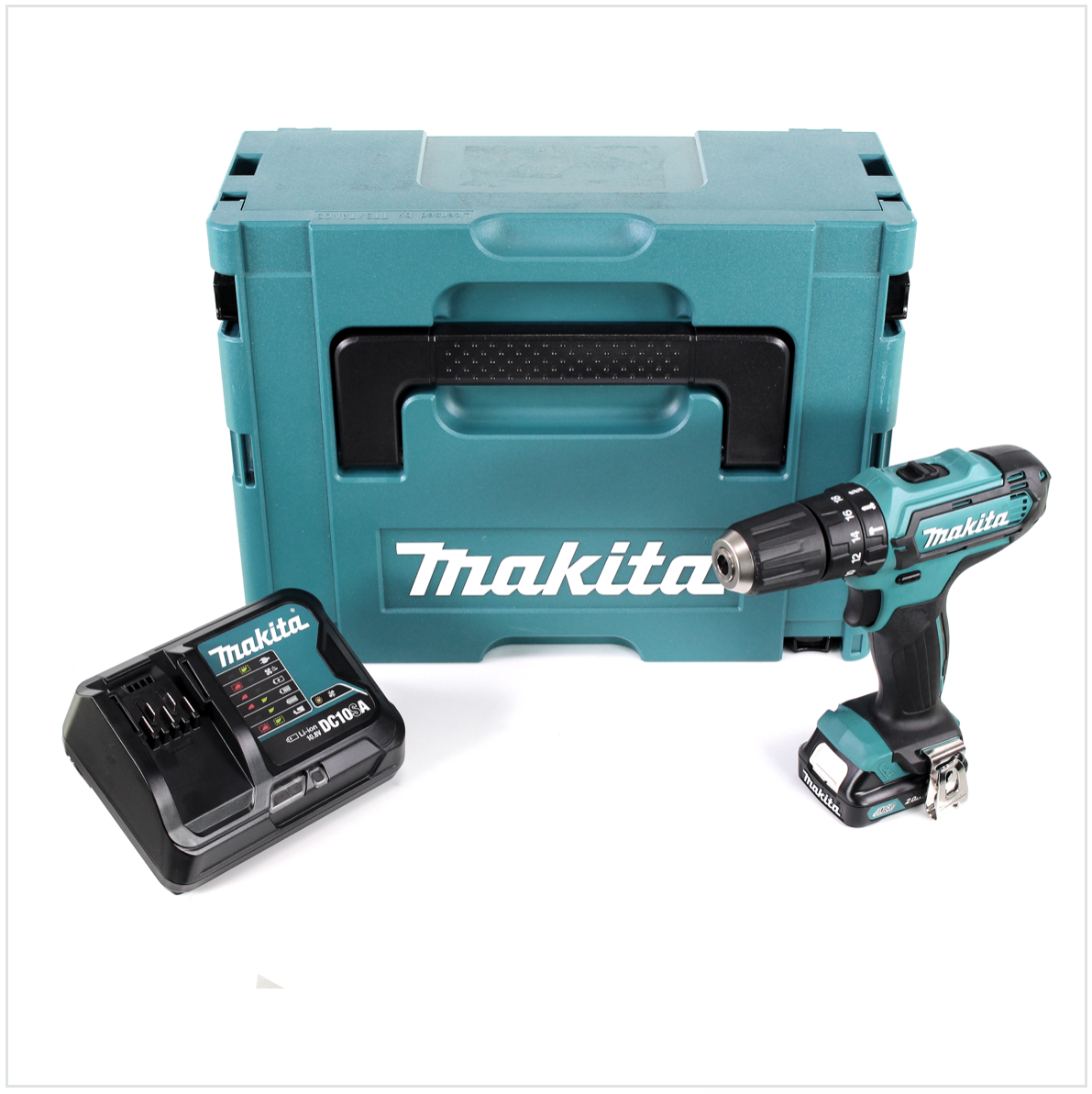 Makita HP 331 DYM1J 10,8 V Li-Ion Akku Schlag Bohr Schrauber im Makpac + 1x BL 1020 B 2,0 Ah Akku + DC 10 SA Schnellladegerät - Toolbrothers