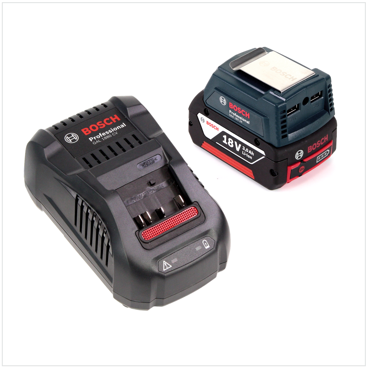 Bosch USB Power Set 18 V mit GAA Professional USB Adapter für 14,4 V / 18 V Akkus + 1x GBA 18V 3,0 Ah Li-Ion Einschub Akku + 1x Schnell Ladegerät GAL 1880 CV - Toolbrothers