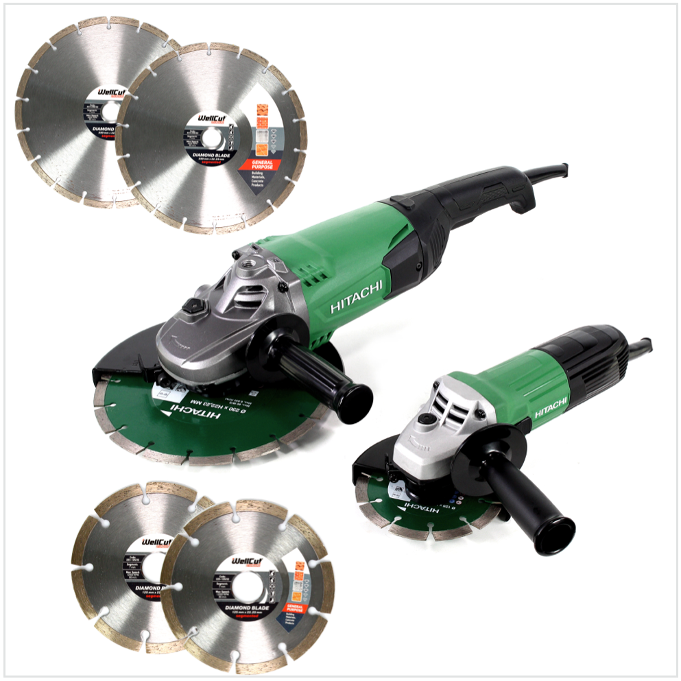 Hitachi Winkelschleifer Set 2.0 G 23ST 230 mm - 2000 W + G 13STA 125 mm - 600 W + 6x Diamant Trennscheibe ( 3x 125mm / 3x 230mm ) - Toolbrothers