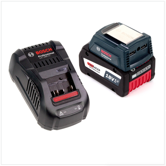 Bosch USB Power Set 18 V mit GAA Professional USB Adapter für 14,4 V / 18 V Akkus + 1x GBA 18V 6,3 Ah EneRacer Li-Ion Einschub Akku  + 1x Schnell Ladegerät GAL 1880 CV - Toolbrothers