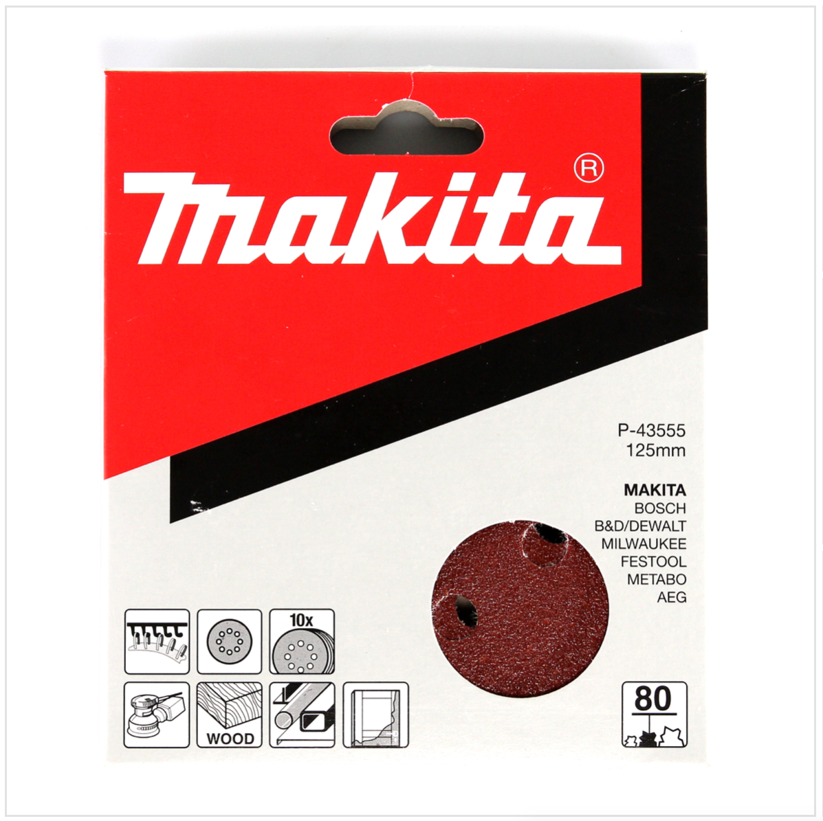 Makita Schleifpapier 125 mm Körnung 80 Klett Befestigung für Exzenterschleifer 10er Pack ( P-43555 ) - Toolbrothers