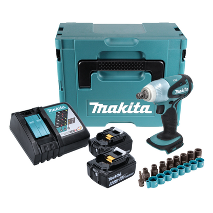 Makita DTW 251 RTJ Akku Schlagschrauber 18 V 230 Nm 1/2" + 2x Akku 5,0 Ah + Ladegerät + 9 tlg. Steckschlüssel Set + Makpac - Toolbrothers