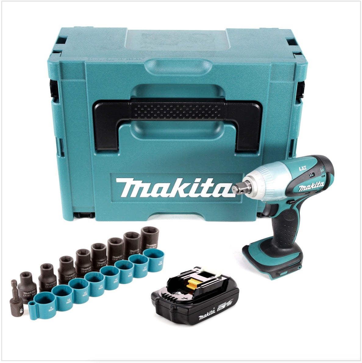 Makita DTW 251 A1J Akku Schlagschrauber 18 V  230 Nm 1/2" + 1x Akku 2,0 Ah + 9 tlg. Steckschlüsselsatz + Makpac - ohne Ladegerät - Toolbrothers