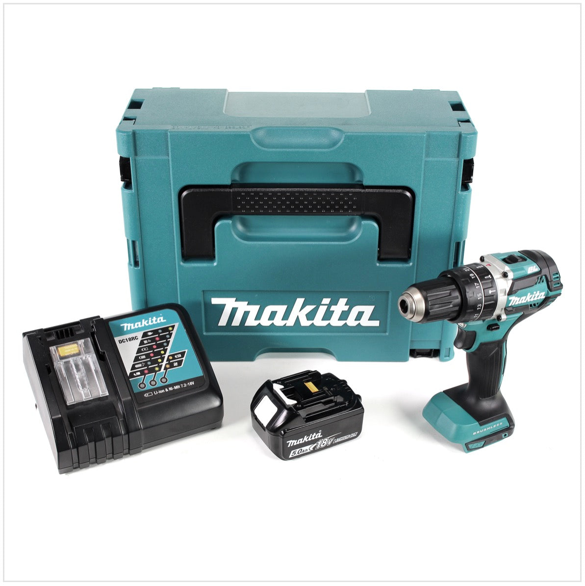 Makita DHP 484 RT1J 18V Brushless Li-Ion Akku Schlagbohrschrauber im Makpac inkl. 1x BL 1850 B 5,0 Ah Akku und DC18RC Ladegerät - Toolbrothers