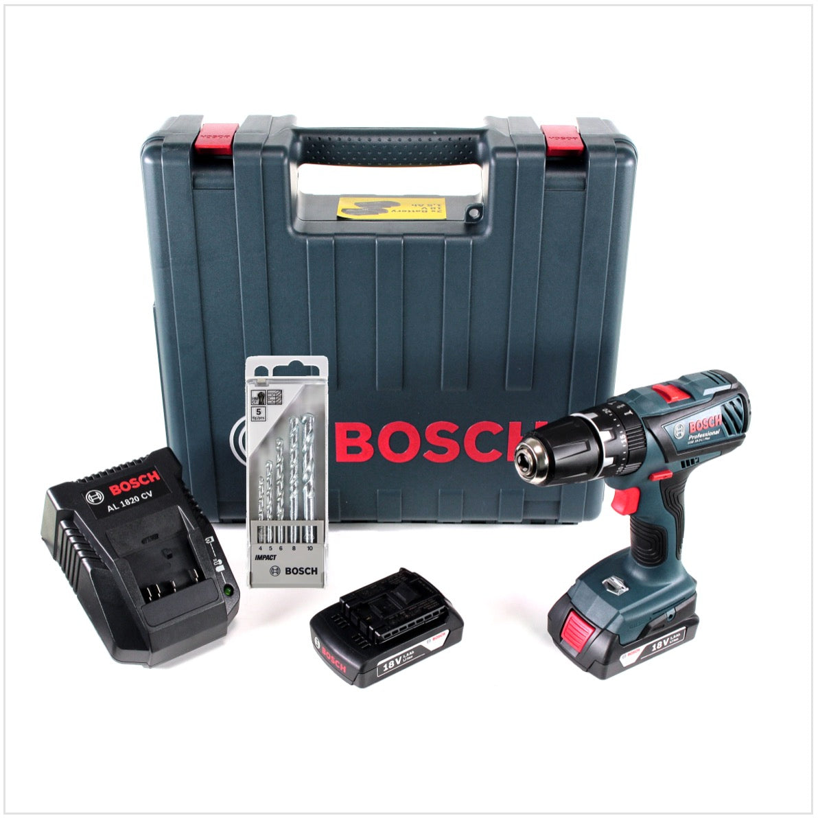 Bosch GSB 18-2-Li Plus Professional 18 V Akku Schlagbohrschrauber mit 2 x 1,5 Ah Akkus + Ladegerät im Koffer + Bosch 5 tlg. Steinbohrer Set Impact 4 - 10 mm - Toolbrothers