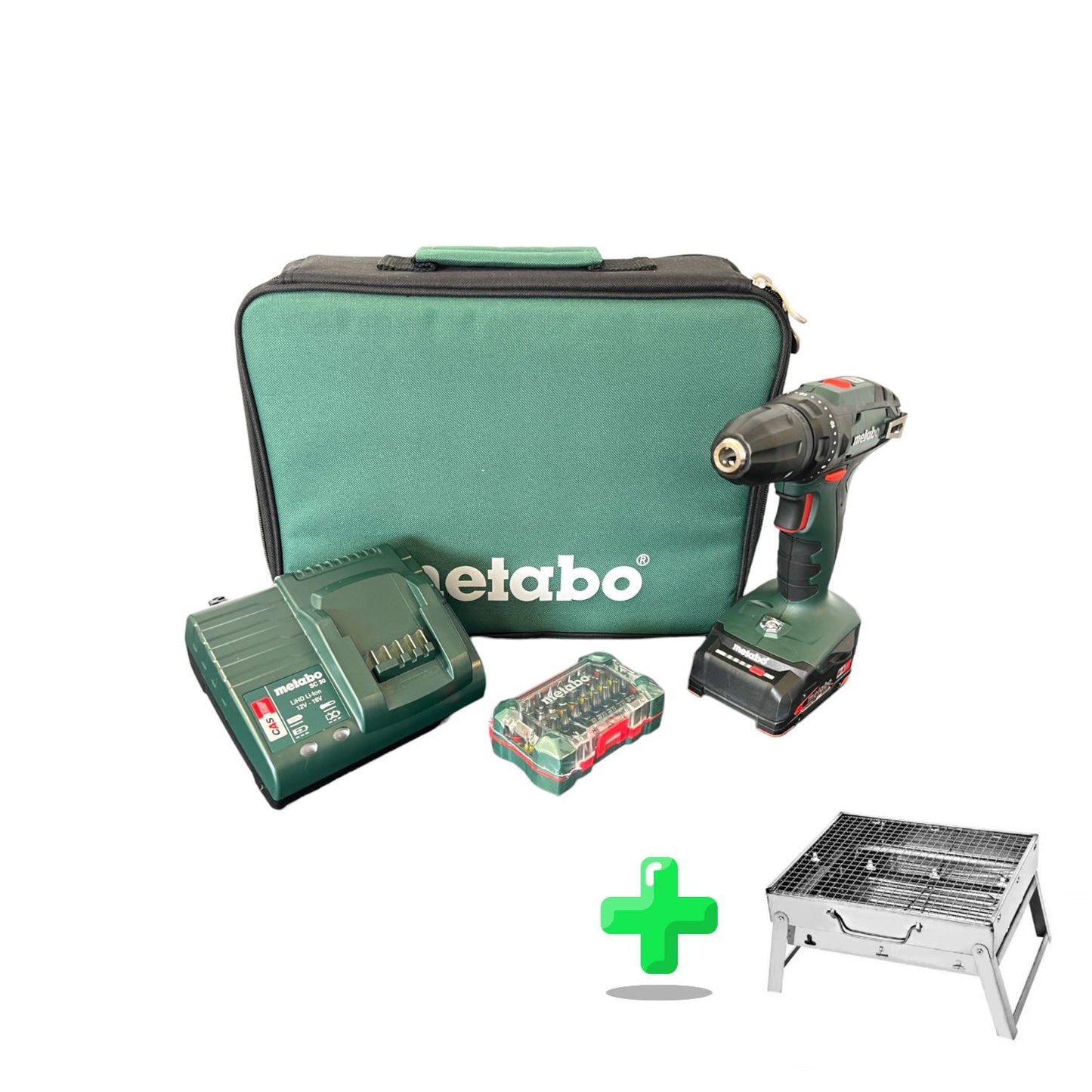 Set perceuse-visseuse sans fil Metabo BS 18 18 V 48 Nm (602207580) + 1x batterie 2,0 Ah + chargeur + coffret d'embouts + sac + barbecue au charbon d'extérieur Toolbrothers