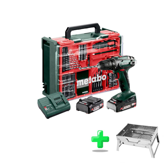 Set perceuse-visseuse sans fil Metabo BS 18 18 V 48 Nm (602207710) + 2x batteries 2,0 Ah + chargeur + atelier mobile 74 pièces + mallette + barbecue au charbon d'extérieur Toolbrothers