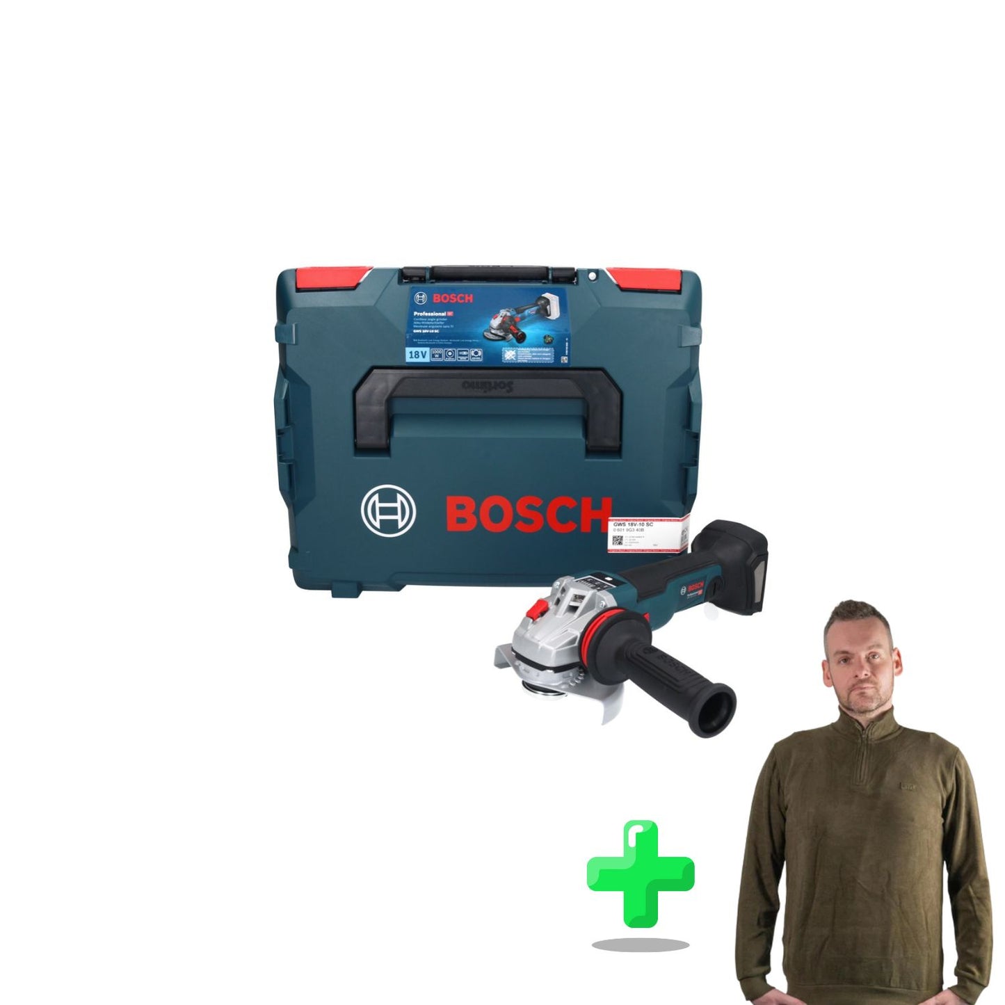 Bosch GWS 18V-10 SC Akku Winkelschleifer 18 V 125 mm Brushless + L-Boxx + Toolbrothers Quarter-Zip Sweatshirt