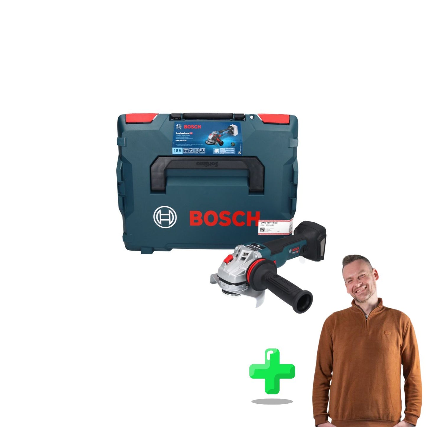 Bosch GWS 18V-10 SC Akku Winkelschleifer 18 V 125 mm Brushless + L-Boxx + Toolbrothers Quarter-Zip Sweatshirt