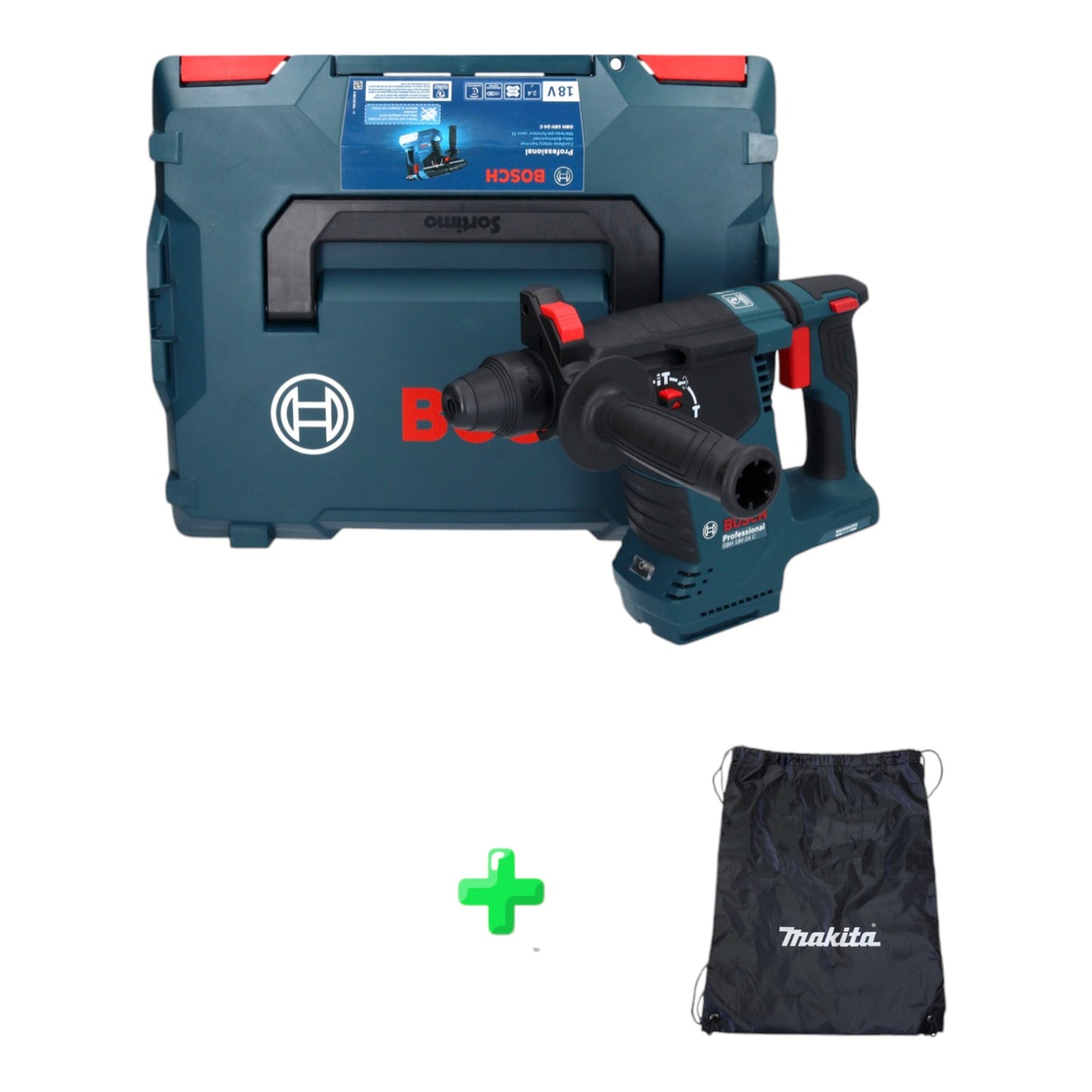 Bosch GBH 18V-24 C Professional Akku Bohrhammer 18 V 2,4 J Brushless SDS plus ( 0611923002 ) + L-BOXX + Makita Rucksackbeutel / Zubehörtasche