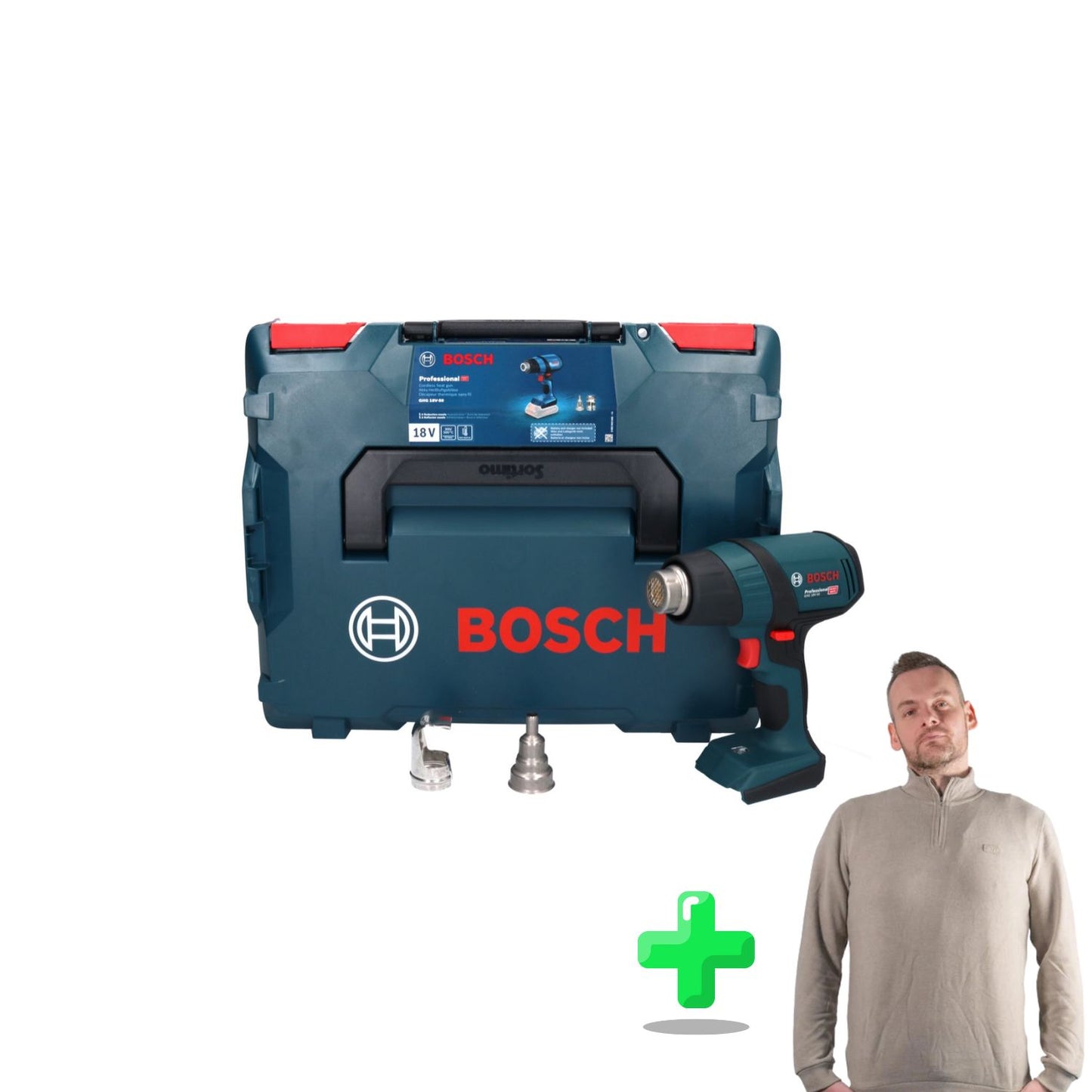 Bosch GHG 18V-50 Professional Akku Heissluftgebläse 18 V 300° C / 500° C + L-Boxx + Toolbrothers Quarter-Zip Sweatshirt