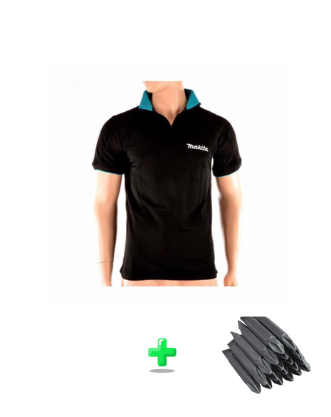 Makita Polo Rugby Shirt T-Shirt 100% Baumwolle Farbe schwarz + Makita Bit Set PH2 45 mm 20 Stück