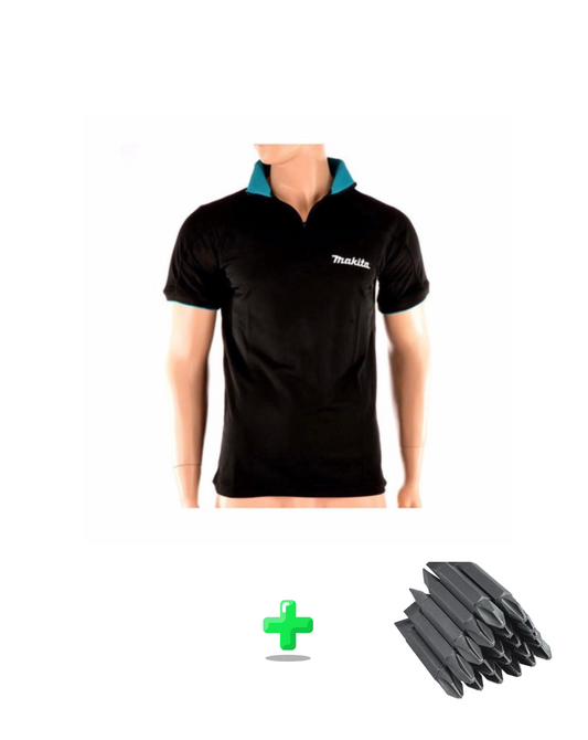 T-Shirt Makita Polo Rugby Shirt 100% coton couleur noir + Makita Bit Set PH2 45 mm 20 pièces