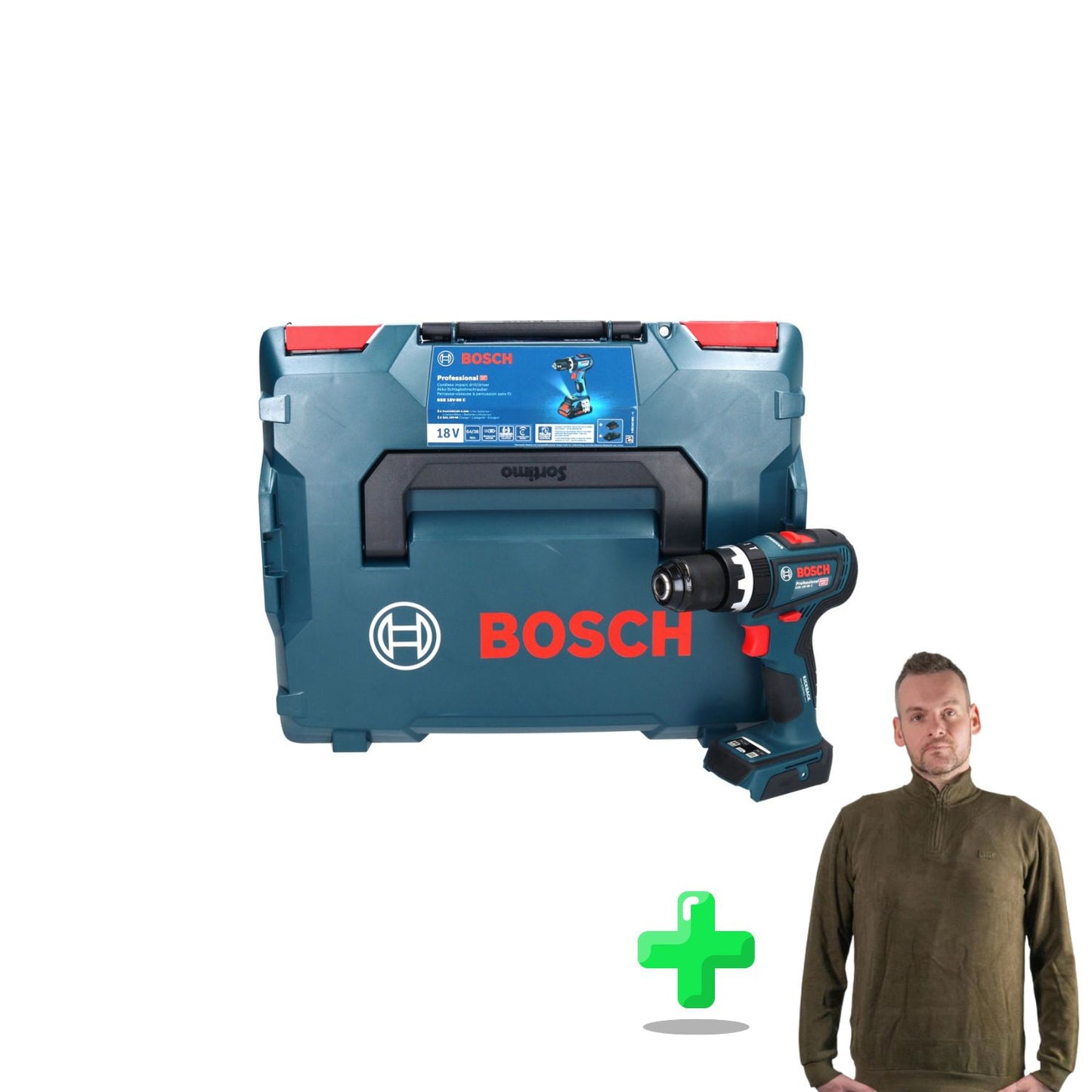 Bosch GSB 18V-90 C Professional Akku Schlagbohrschrauber 18 V 64 Nm ( 06019K6102 ) Brushless + L-Boxx + Toolbrothers Quarter-Zip Sweatshirt