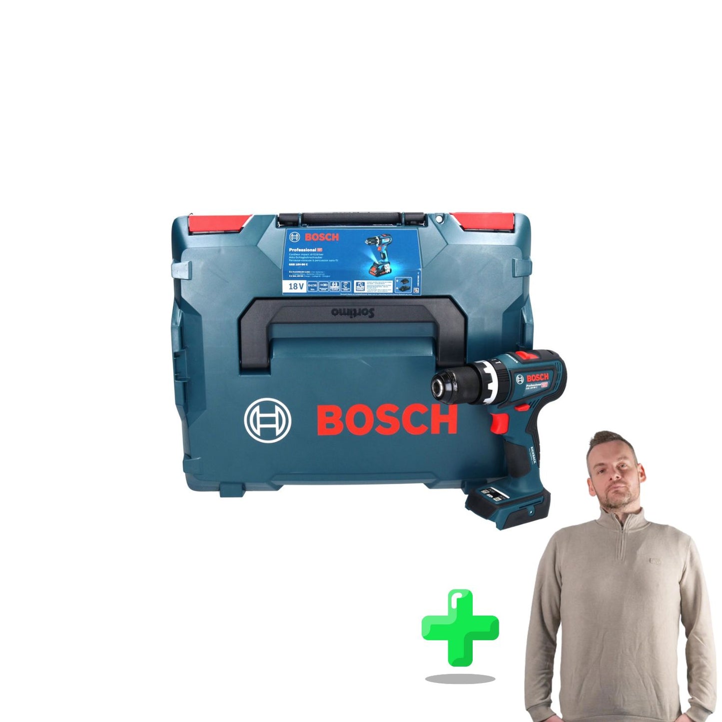 Bosch GSB 18V-90 C Professional Akku Schlagbohrschrauber 18 V 64 Nm ( 06019K6102 ) Brushless + L-Boxx + Toolbrothers Quarter-Zip Sweatshirt