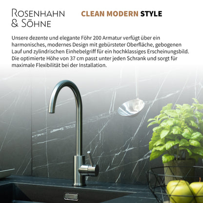 Rosenhahn & Söhne Föhr 200 Küchenarmatur 360° drehbarer Wasserhahn Küche - Armatur Küche [gebürsteter Edelstahl] - 2-fach verstellbare Spültischarmatur + Anschlussschläuche - Toolbrothers