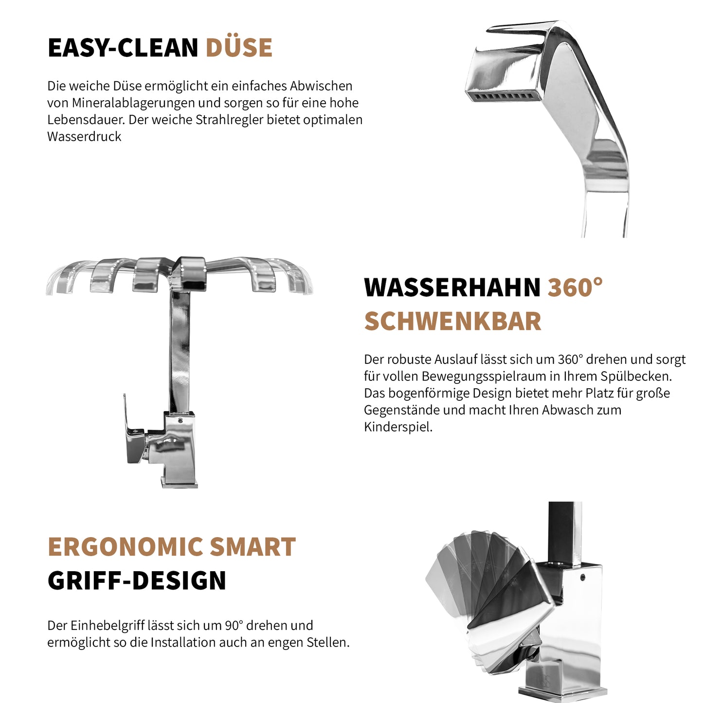 Rosenhahn & Söhne Juist 200 Küchenarmatur 360° Drehbarer Wasserhahn Küche - Armatur Küche [Chrom] - 2-fach verstellbare Spültischarmatur + Anschlussschläuche - Toolbrothers