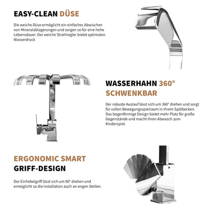 Rosenhahn & Söhne Juist 200 Küchenarmatur 360° Drehbarer Wasserhahn Küche - Armatur Küche [Chrom] - 2-fach verstellbare Spültischarmatur + Anschlussschläuche - Toolbrothers