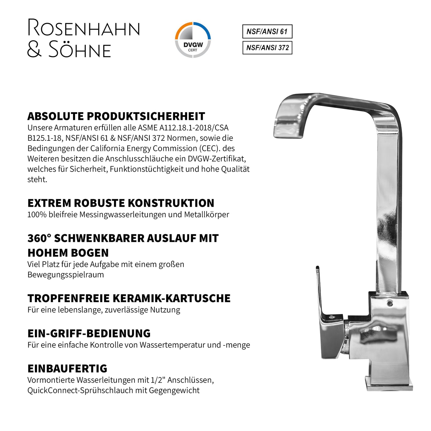 Rosenhahn & Söhne Juist 200 Küchenarmatur 360° Drehbarer Wasserhahn Küche - Armatur Küche [Chrom] - 2-fach verstellbare Spültischarmatur + Anschlussschläuche - Toolbrothers