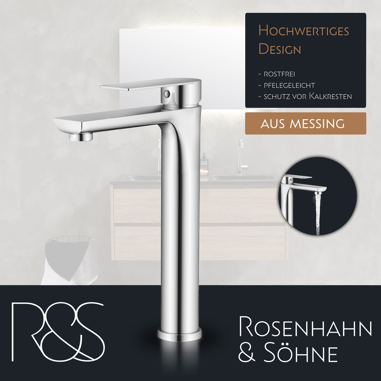 Rosenhahn & Söhne Poel L Design Badarmatur Wasserhahn Badezimmer - Armatur Bad [Chrom] - Heiß + Kalt Waschtischarmatur + Anschlussschläuche - Toolbrothers