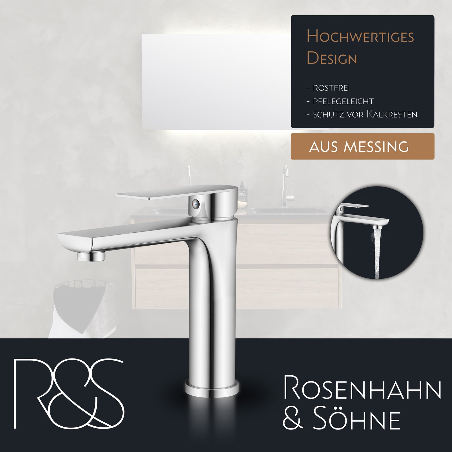 Rosenhahn & Söhne Poel M Design Badarmatur Wasserhahn Badezimmer - Armatur Bad [Chrom] - Heiß + Kalt Waschtischarmatur + Anschlussschläuche - Toolbrothers