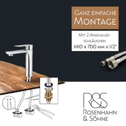 Rosenhahn & Söhne Poel M Design Badarmatur Wasserhahn Badezimmer - Armatur Bad [Chrom] - Heiß + Kalt Waschtischarmatur + Anschlussschläuche - Toolbrothers