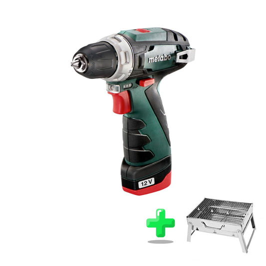 Metabo PowerMaxx BS Basic Akku Bohrschrauber 12 V 34 Nm ( 600984500 ) + 2x Akku 2,0 Ah + Ladegerät + Koffer + Toolbrothers Outdoor Holzkohle-Grill