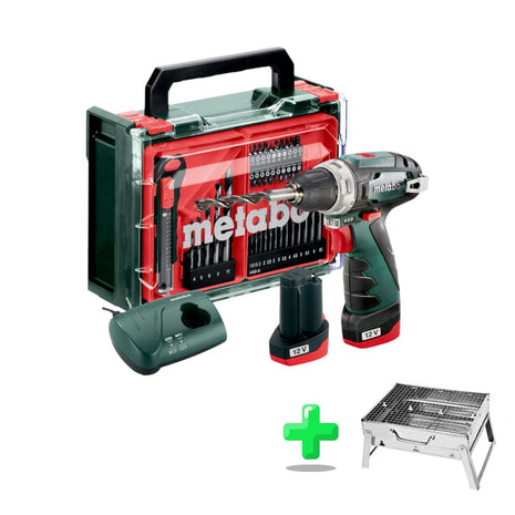 Metabo Powermaxx BS Basic Set Akku Bohrschrauber 12 V 34 Nm ( 600080710 ) + 2x Akku 2,0 Ah + Ladegerät + 41 tlg. Zubehör Set + Koffer + Toolbrothers Outdoor Holzkohle-Grill