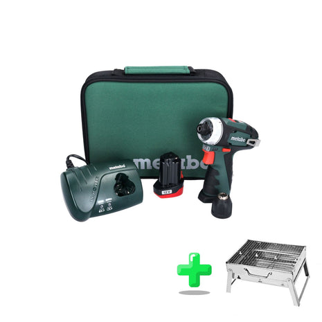 Metabo PowerMaxx BS Akku Bohrschrauber 12 V 34 Nm + 1x Akku 2,0 Ah + Ladegerät + Tasche ( 600079500 ) + Toolbrothers Outdoor Holzkohle-Grill