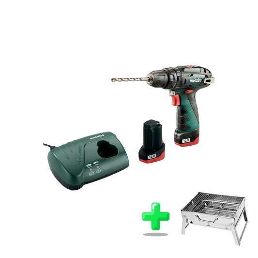 Metabo PowerMaxx SB Basic Akku Schlagbohrschrauber 12 V 34 Nm ( 600385500 ) + 2x Akku 2,0 Ah + Ladegerät + Koffer + Toolbrothers Outdoor Holzkohle-Grill