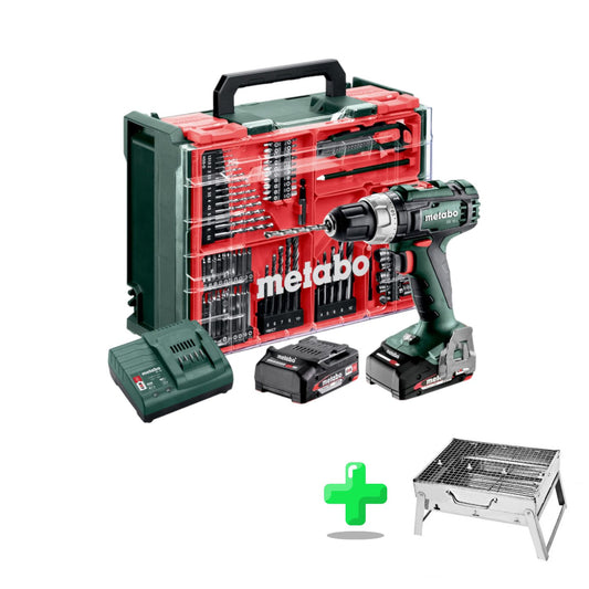 Metabo SB 18 L Set Akku Schlagbohrschrauber 18 V 50 Nm ( 602317710 ) + 2x Akku 2,0 Ah + Ladegerät + 78 tlg. mobile Werkstatt + Koffer + Toolbrothers Outdoor Holzkohle-Grill