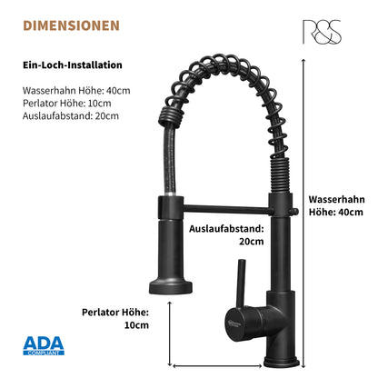 Rosenhahn & Söhne Sylt 200 Küchenarmatur mit Brause- 360° drehbarer Wasserhahn Küche - Armatur Küche [schwarz] - 2-fach verstellbare Spültischarmatur - Brause & Strahl - Anschlussschläuche - Toolbrothers