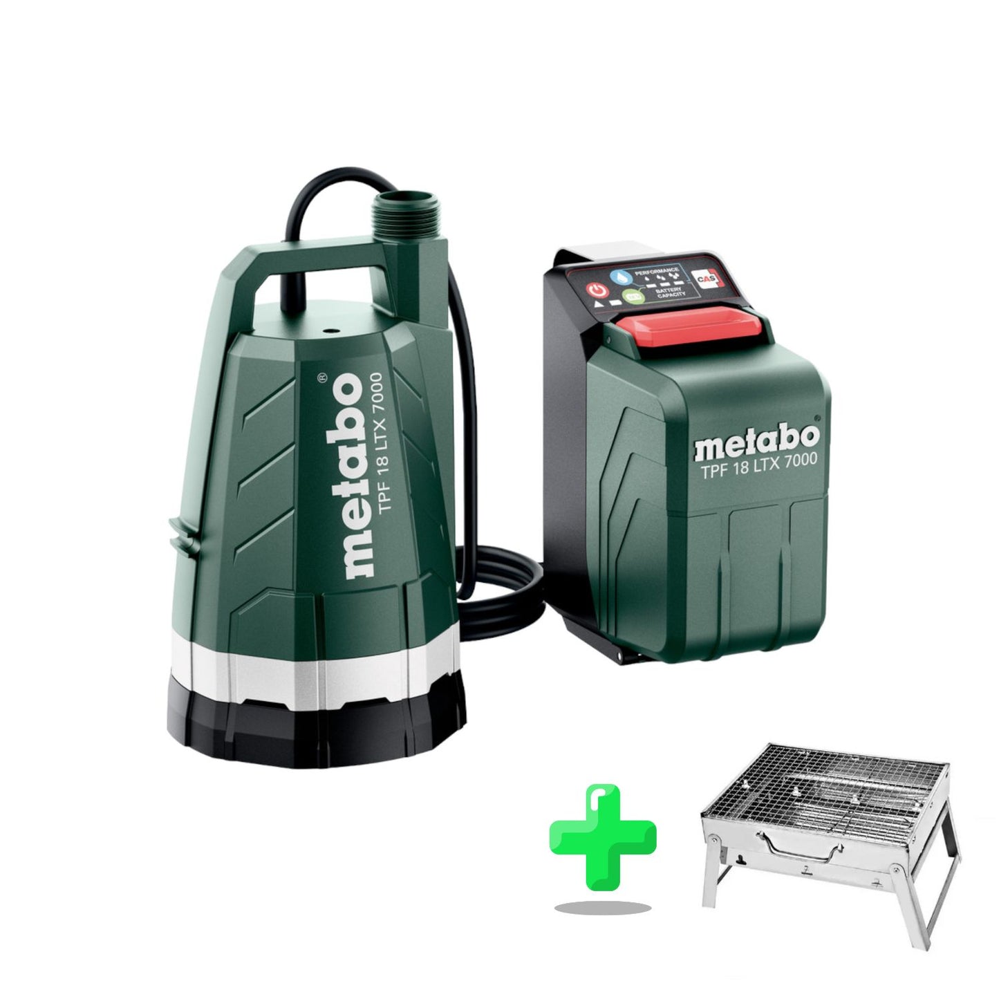 Metabo TPF 18 LTX 7000 Akku Tauchpumpe 18 V 7000 l/h 0,9 bar (601748850) + Zubehör + Toolbrothers Outdoor Holzkohle-Grill